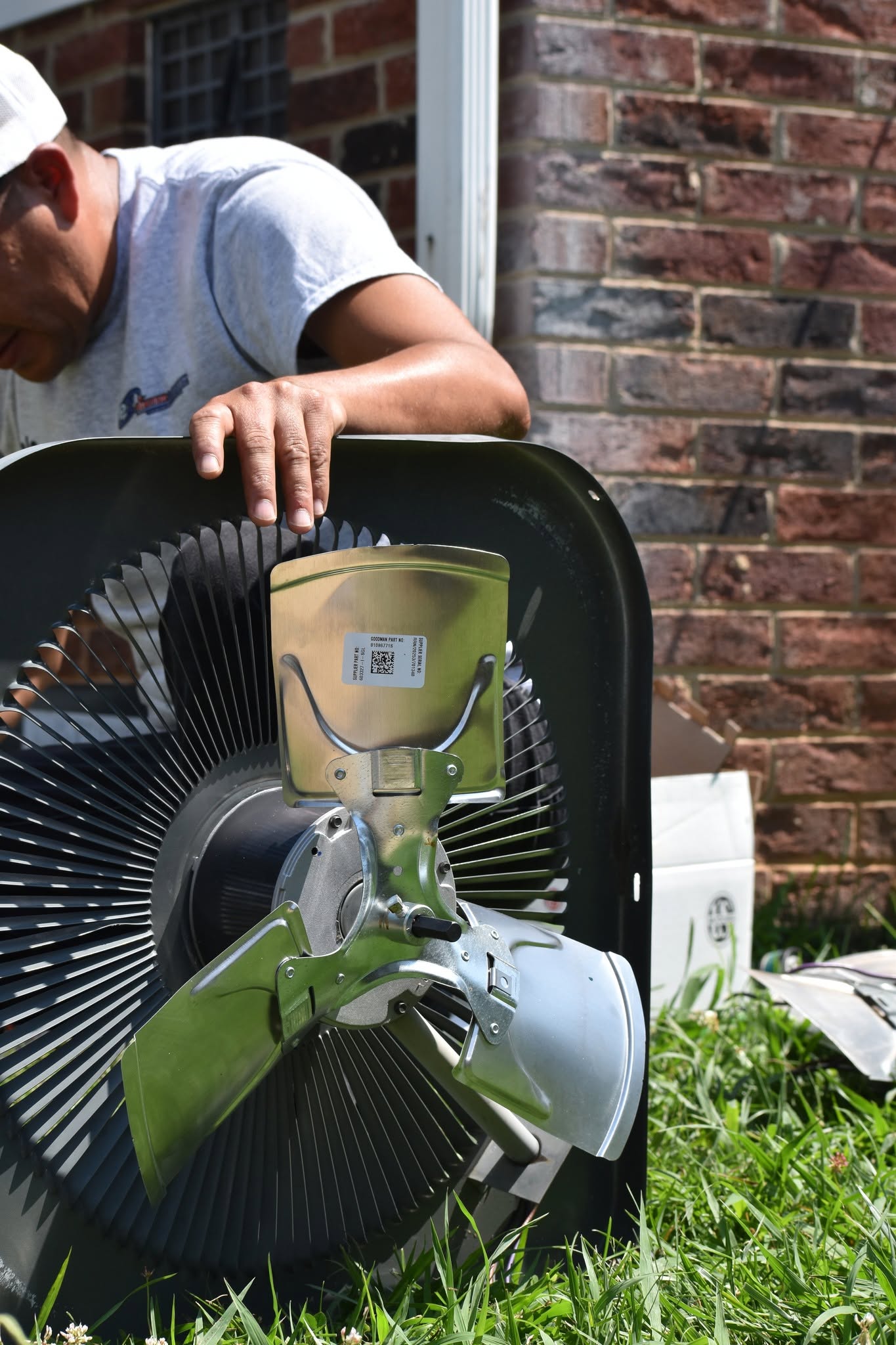 Condenser fan motor and blade being replaced