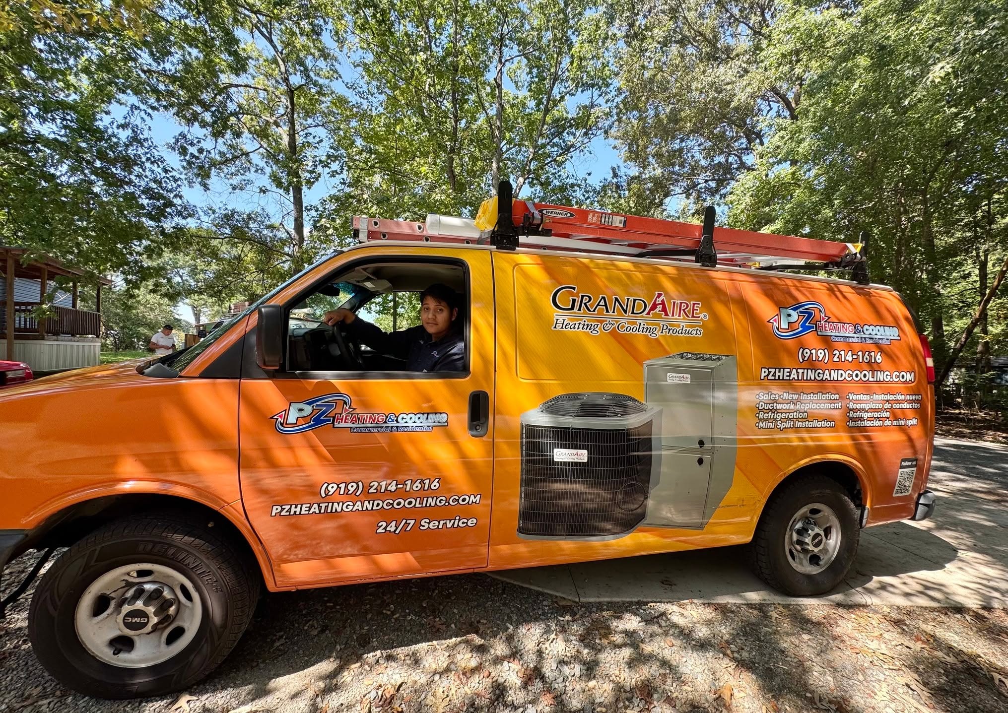 PZ Heating & Cooling branded service van with GrandAire equipment
